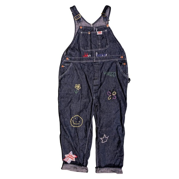 Other - 1970s dark indigo denim Embroidered and patchwork‎ customized overalls, American